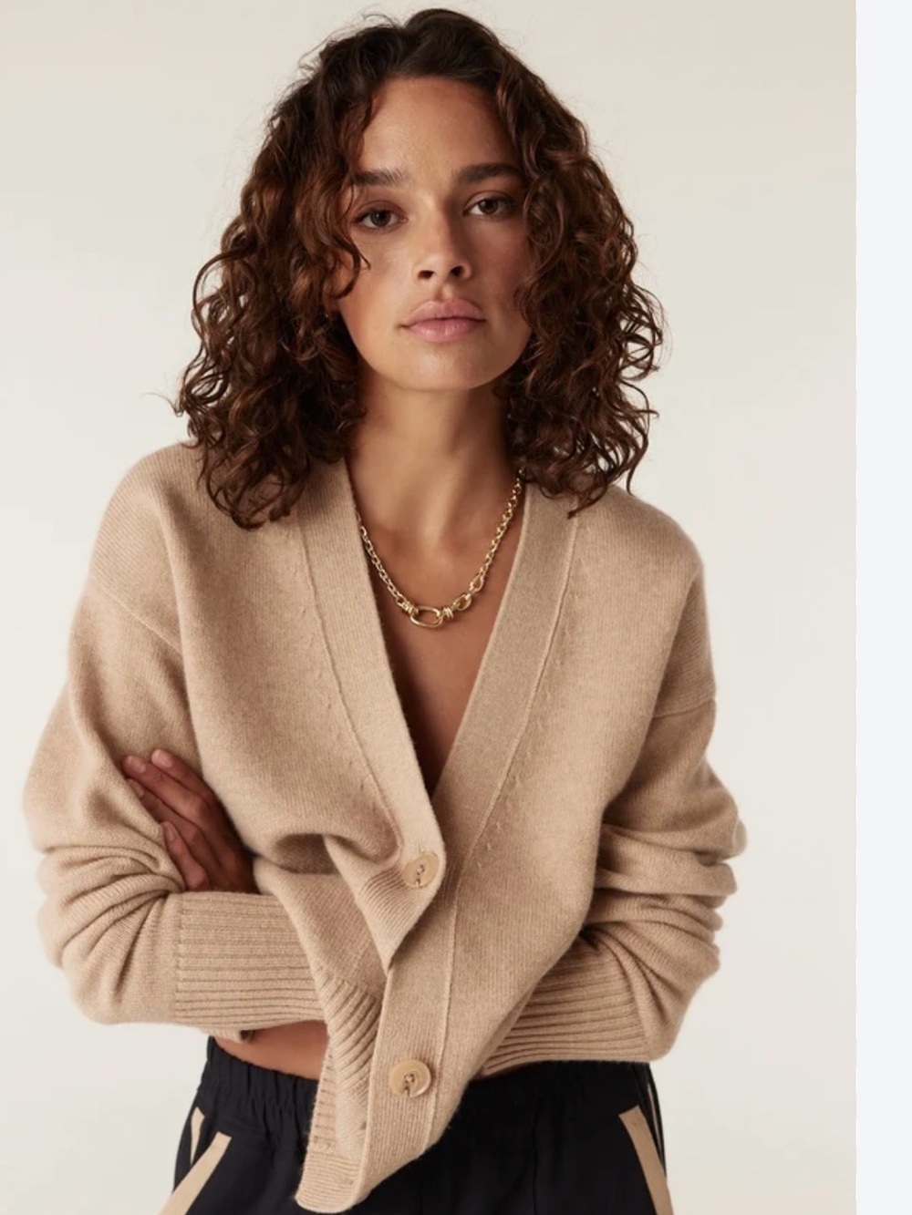 Frame Light Camel V-Neck Button Cardigan